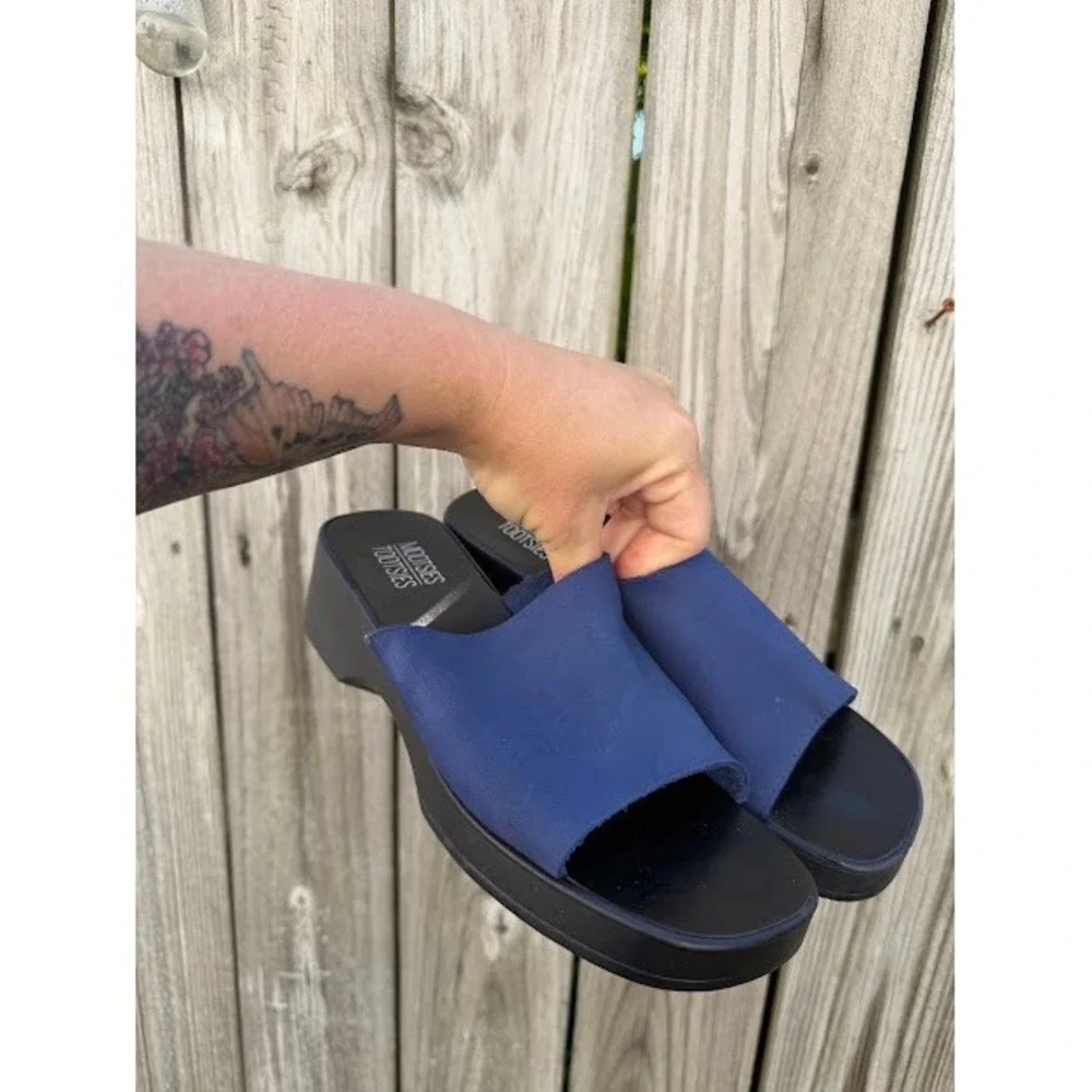 Vintage Brats 90s Mootsies Tootsies Platform Sandals Womens 9 Navy Blue Wedge